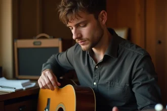 Guitariste jouant l'accord Gm en barré sur une guitare acoustique dans un home studio chaleureux