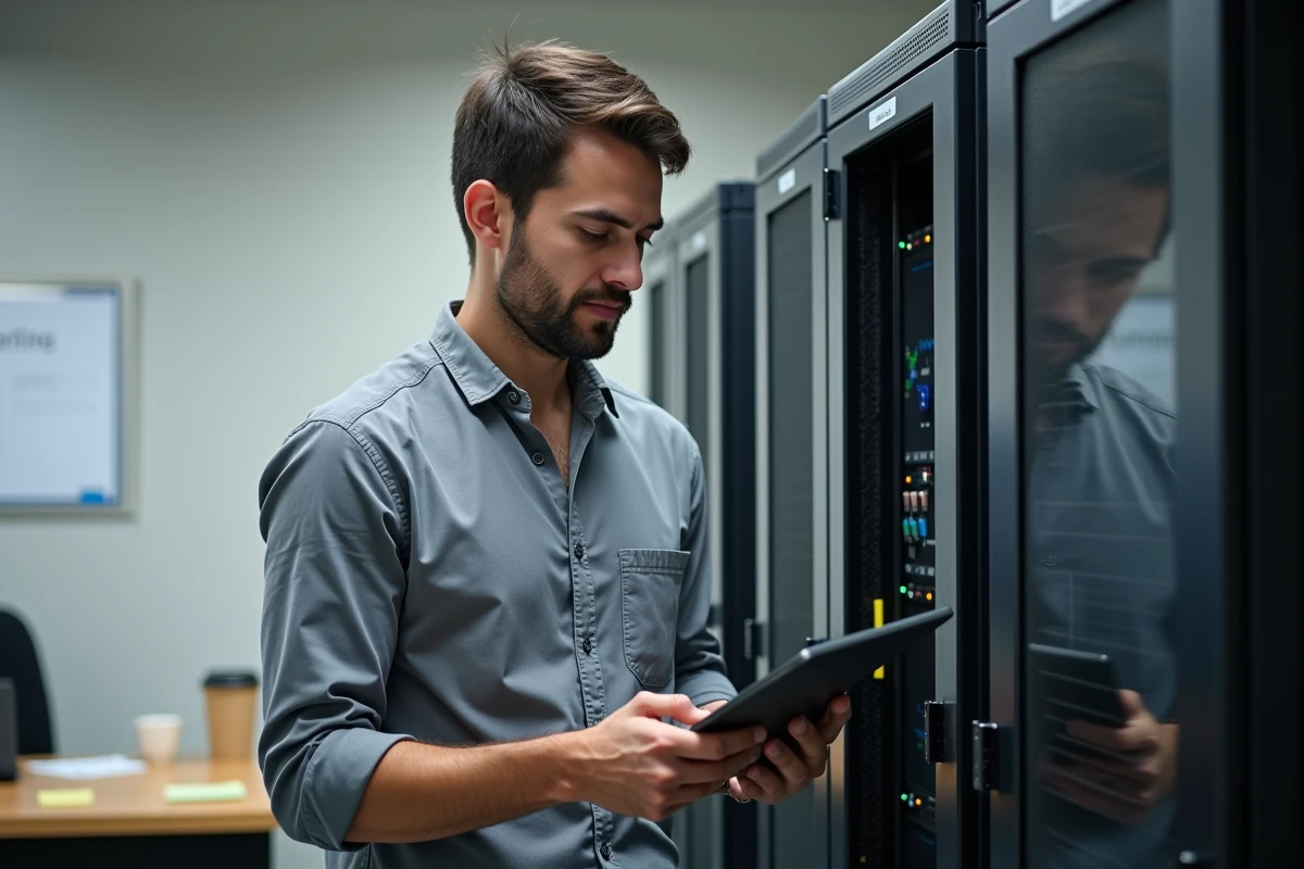 Administrateur informatique gérant la sécurité des données élèves dans une salle serveur d'école