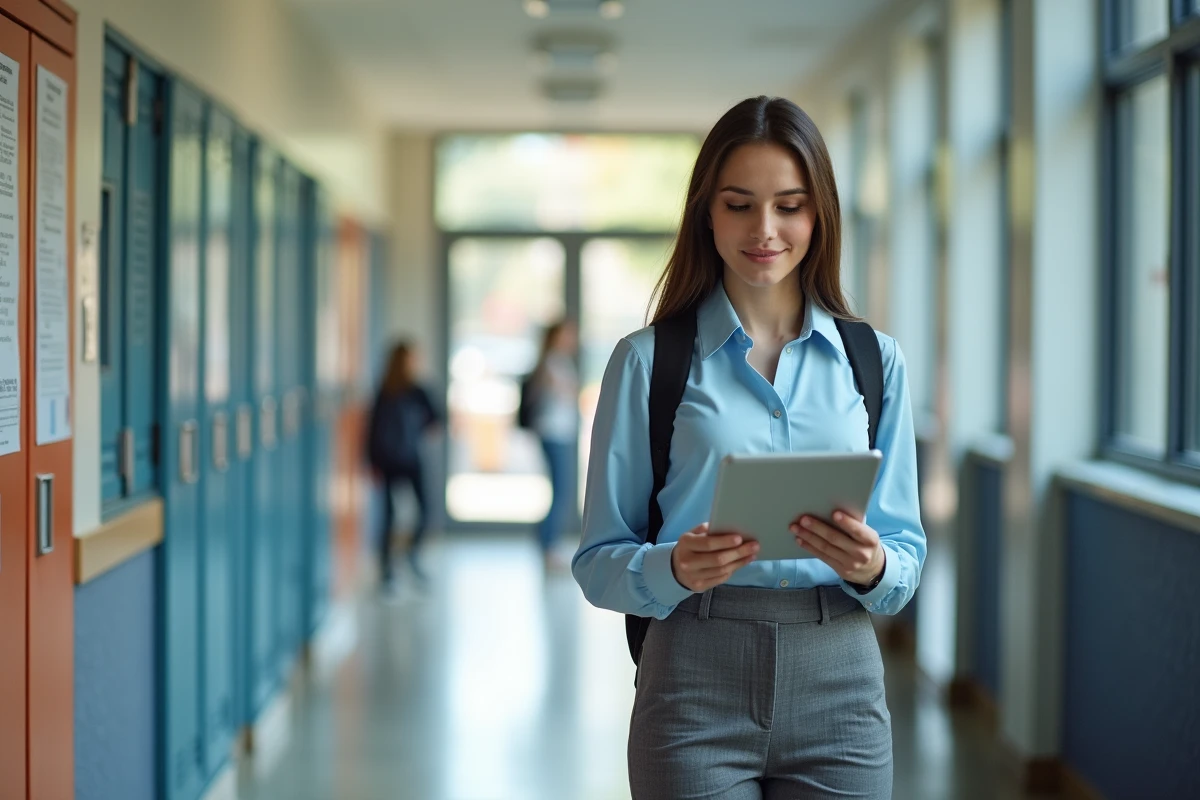 Jeune administratrice vérifiant une liste dans le couloir