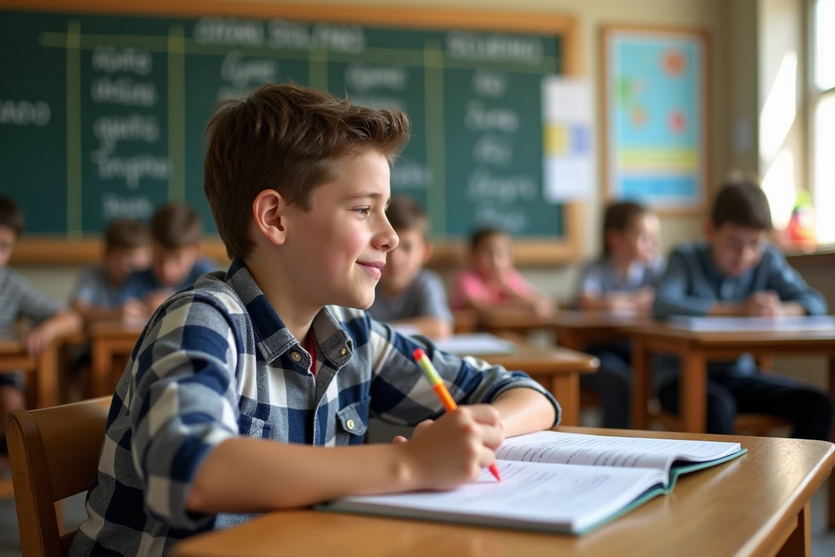 Adolescent en classe &eacute;tudiant les verbes espagnols avec un cahier