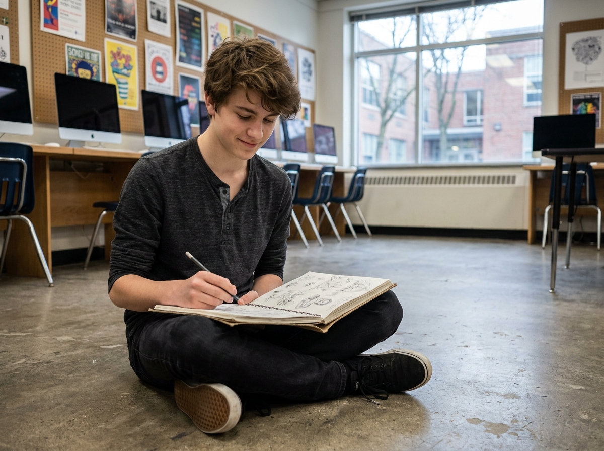 Adolescent créatif dessinant dans un carnet de croquis dans une salle de design graphique d'école artistique