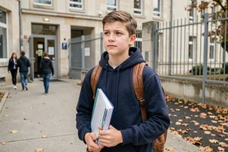 Adolescent devant l'entrée d'un collège public français tenant un dossier de transfert scolaire