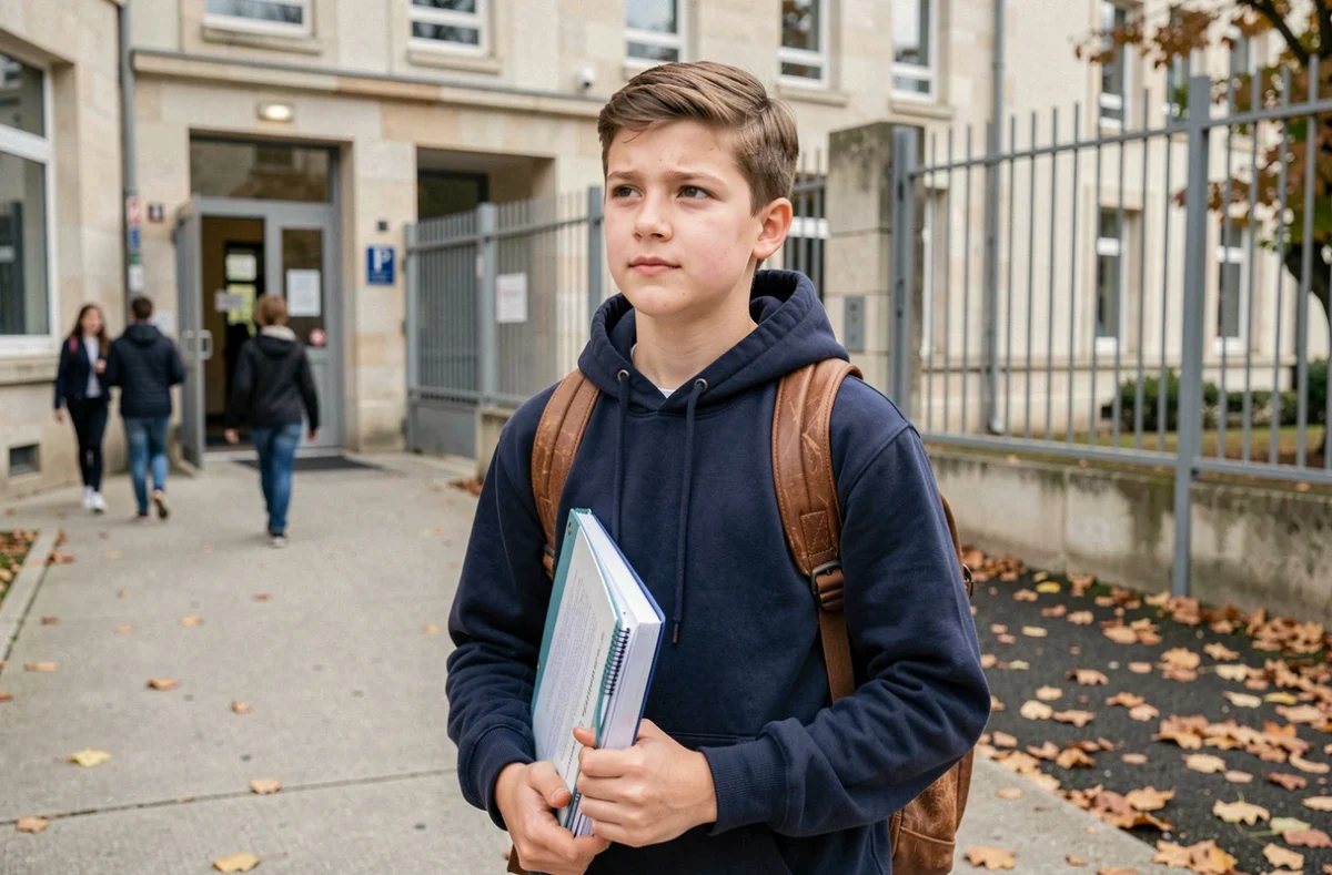 Adolescent devant l'entrée d'un collège public français tenant un dossier de transfert scolaire