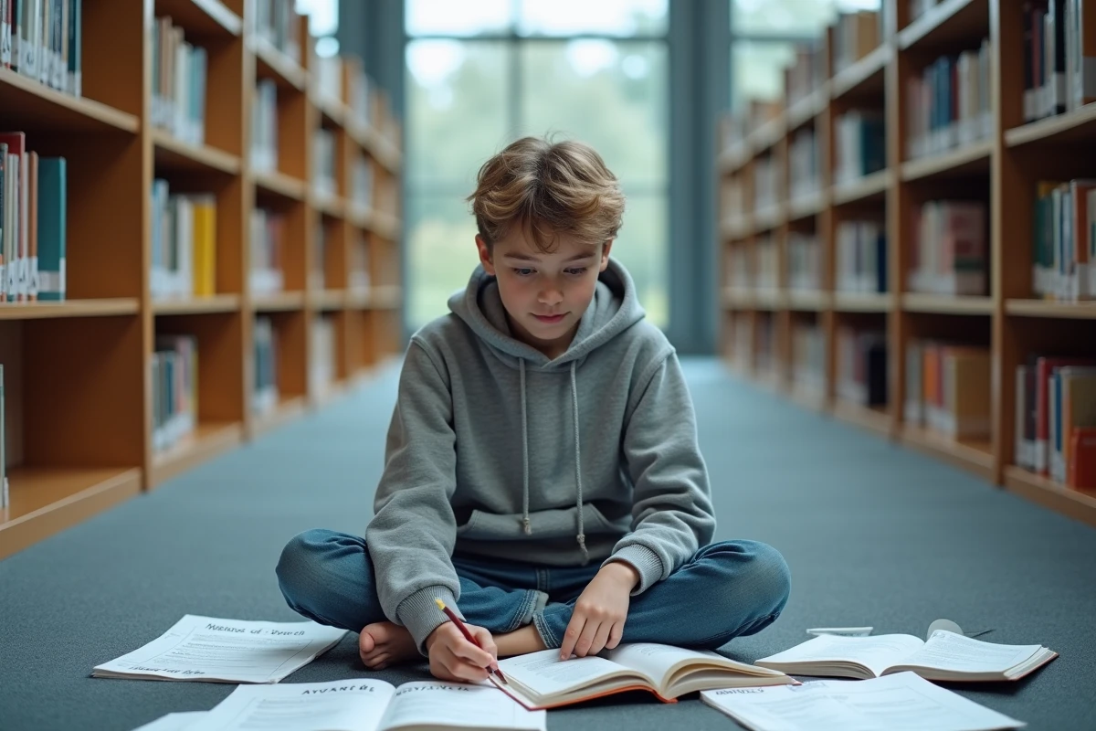 Adolescent révisant des exercices de classes grammaticales organisés par niveau de difficulté dans une bibliothèque scolaire