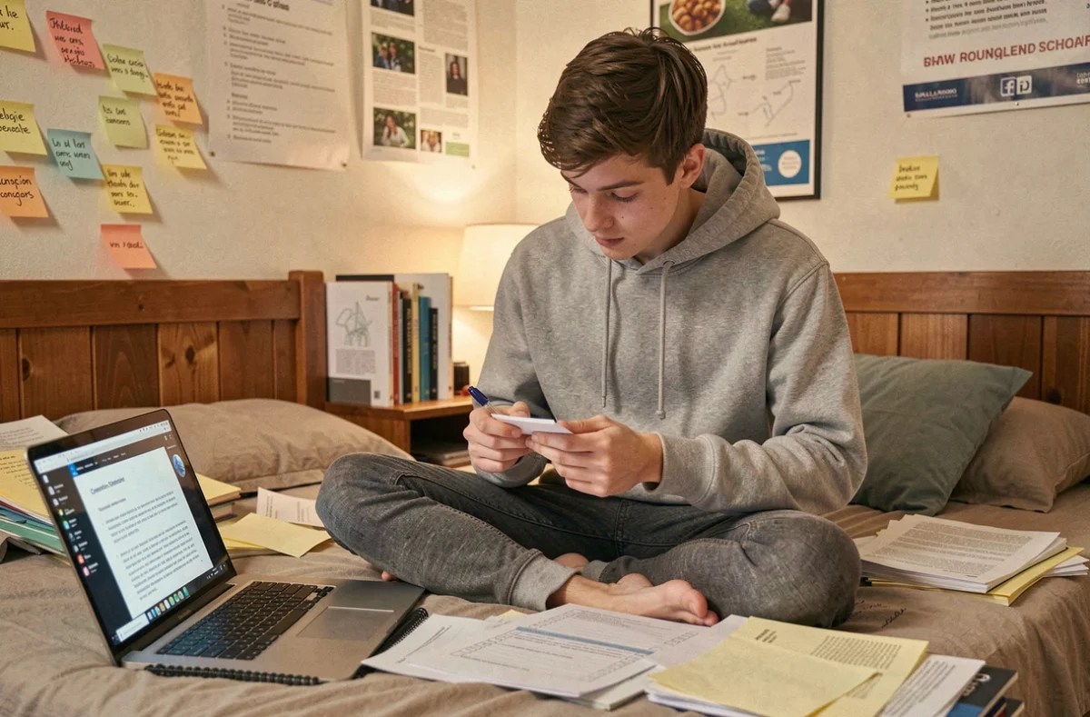 Adolescent révisant les connecteurs logiques pour améliorer son commentaire de texte