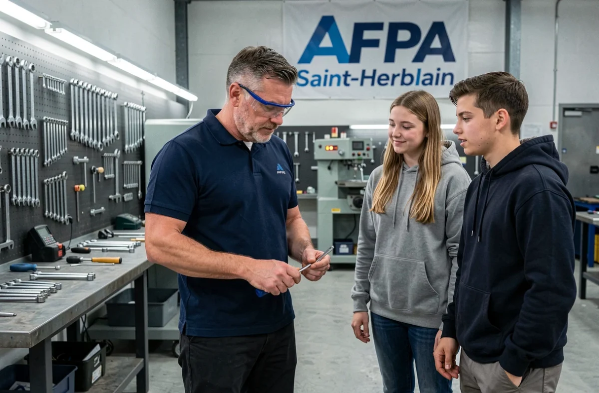 Un formateur AFPA démontrant une technique à des stagiaires dans l'atelier de Saint-Herblain