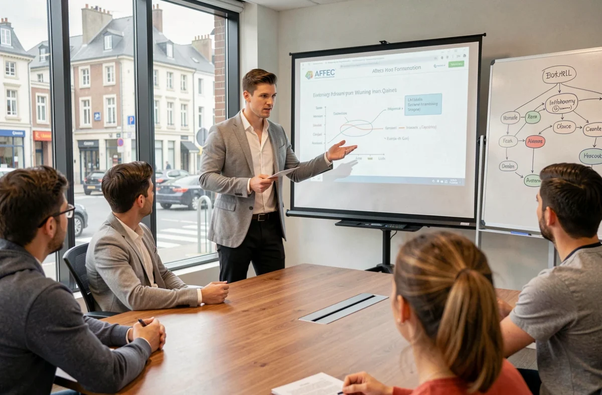 Étudiant en formation management présentant une stratégie à ses pairs chez Aftec Formation Orléans