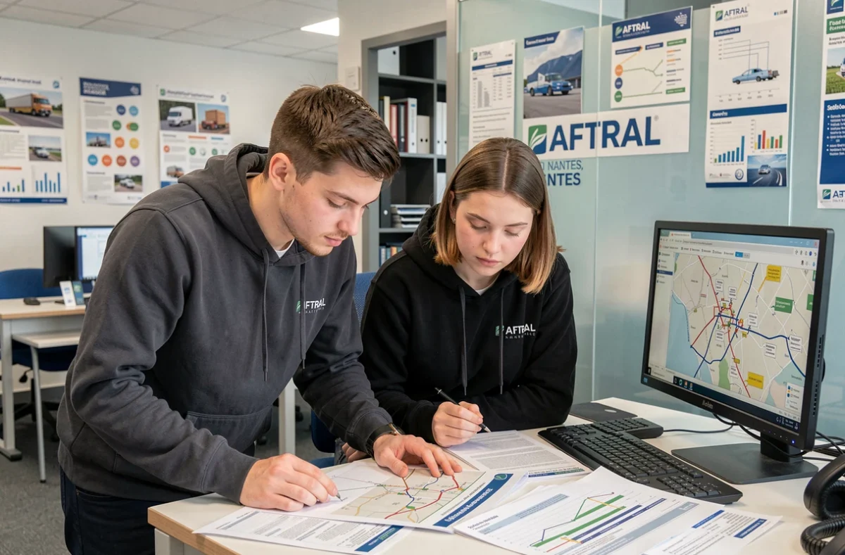 Des stagiaires AFTRAL Nantes étudiant des documents de logistique et transport
