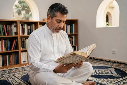 Homme en thobe blanc récitant le Coran en arabe sur un tapis de prière à motifs géométriques dans un intérieur chaleureux