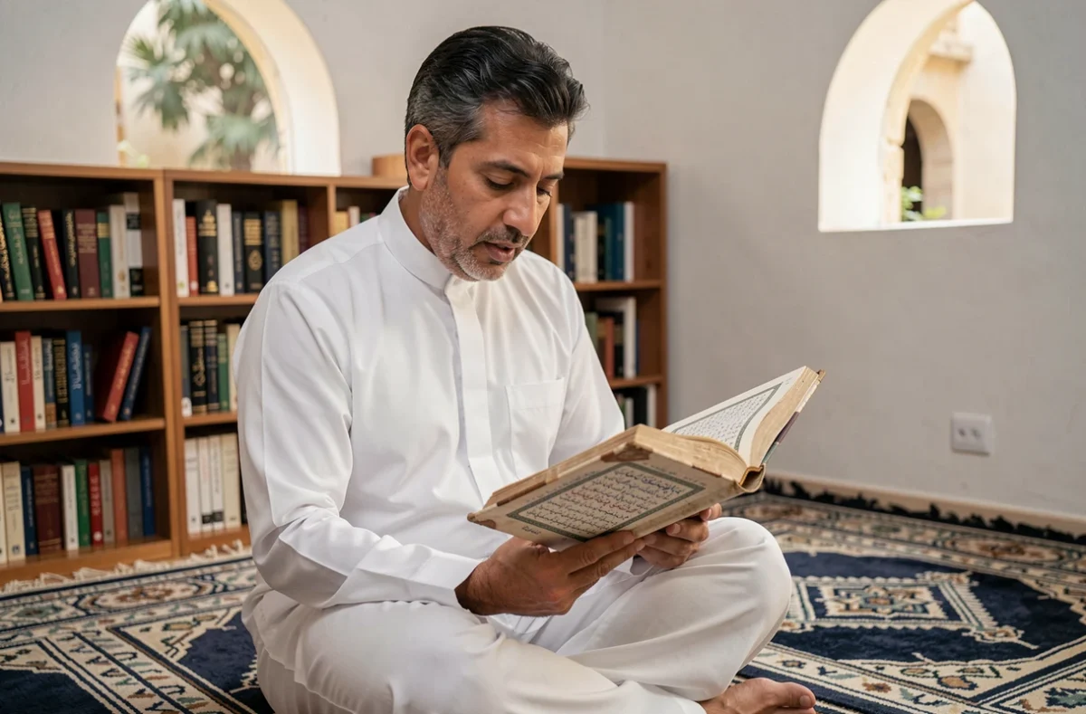 Homme en thobe blanc récitant le Coran en arabe sur un tapis de prière à motifs géométriques dans un intérieur chaleureux