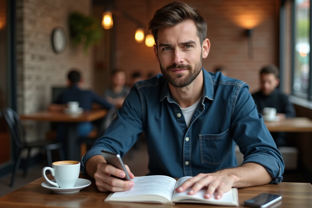 Homme étudiant le gérondif espagnol dans un livre de grammaire dans un café moderne