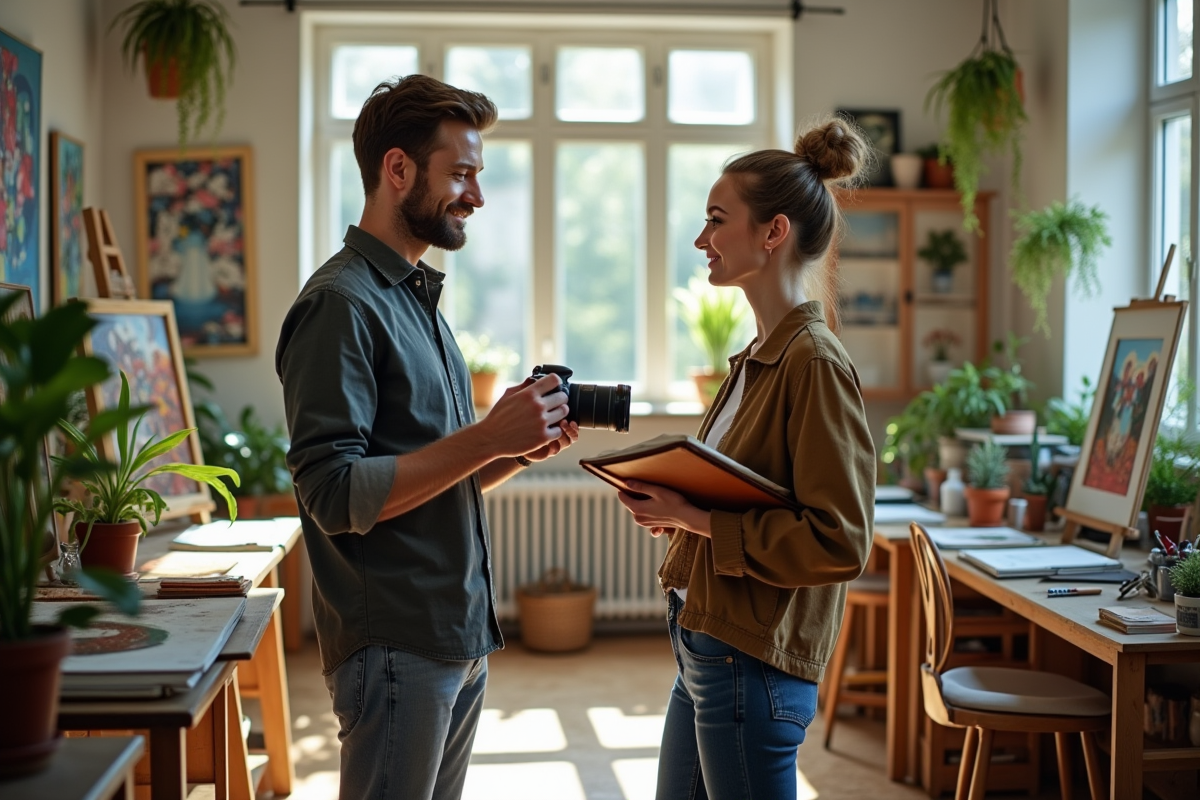 Deux artistes en pleine création dans un studio artistique