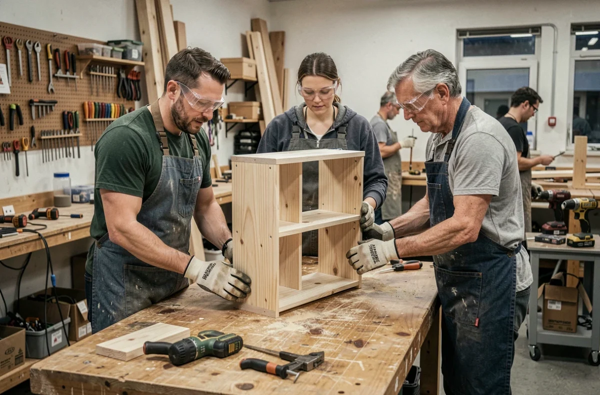 Groupe d'adultes participant à un atelier de bricolage collectif pour assembler une étagère en bois