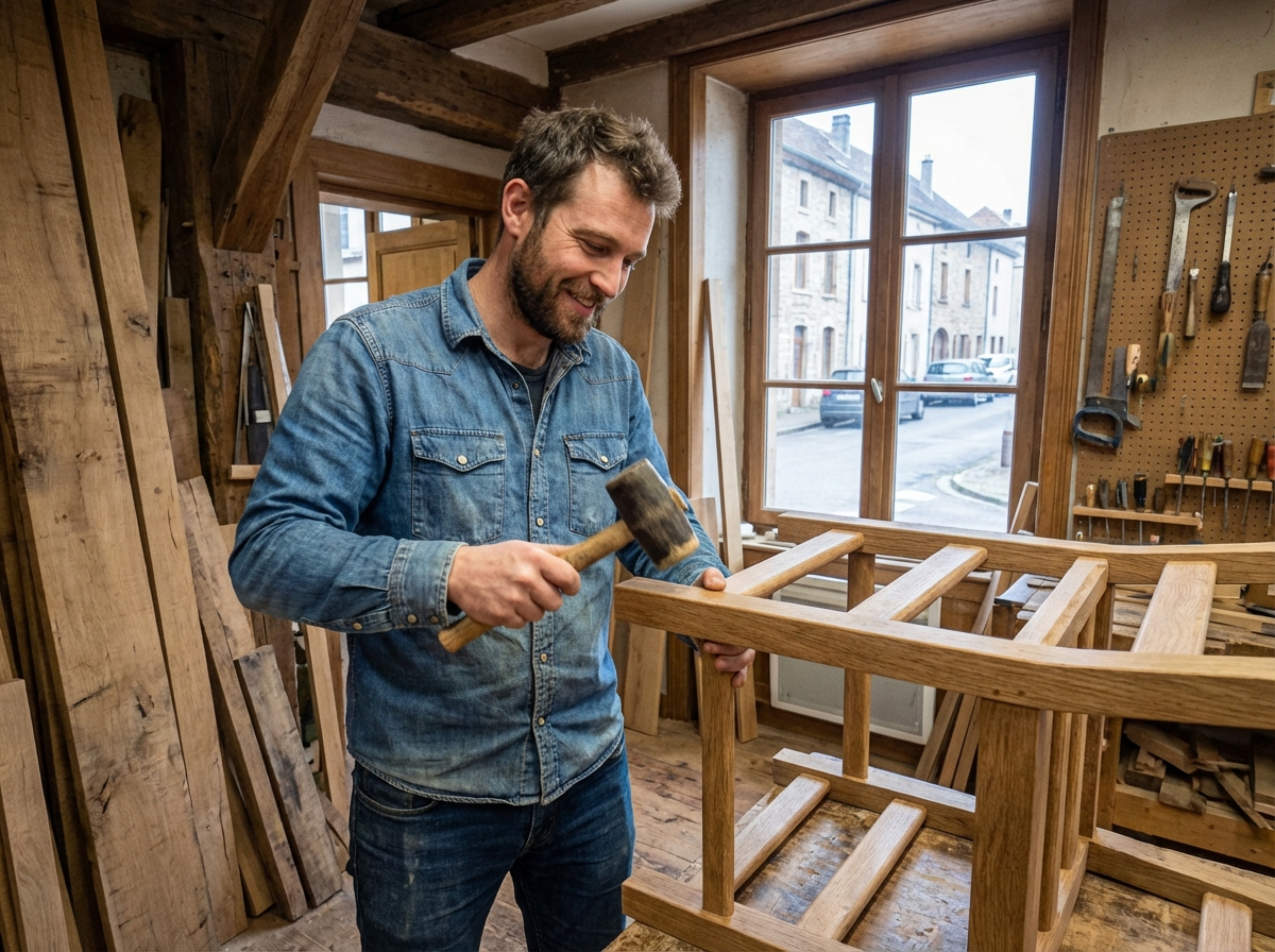 Homme travaillant sur une chaise en atelier bois
