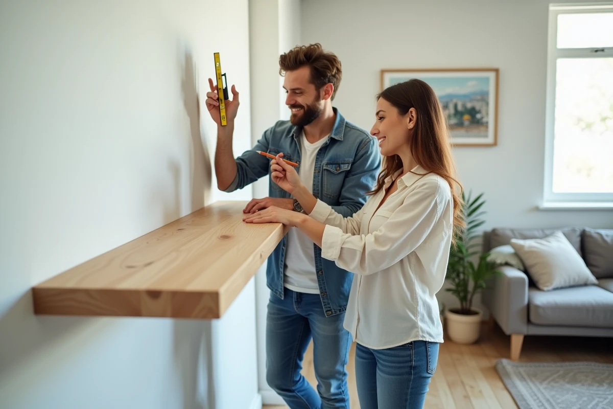 Couple installant une étagère murale en bois dans leur salon lors d'un projet de bricolage à domicile