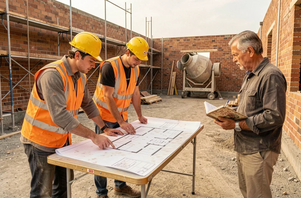 Apprentis BTP étudiant des plans sur un chantier de formation au CFA Campus du Loiret