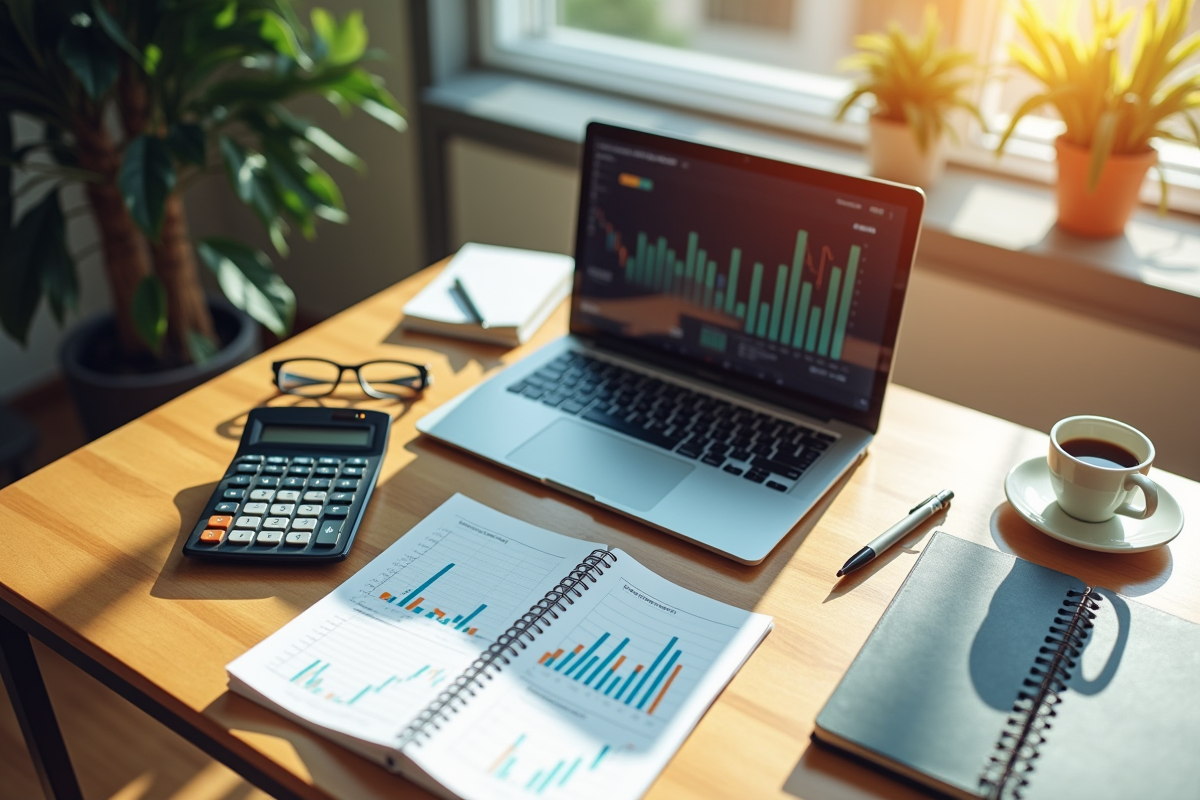 Bureau avec ordinateur et outils financiers lumineux