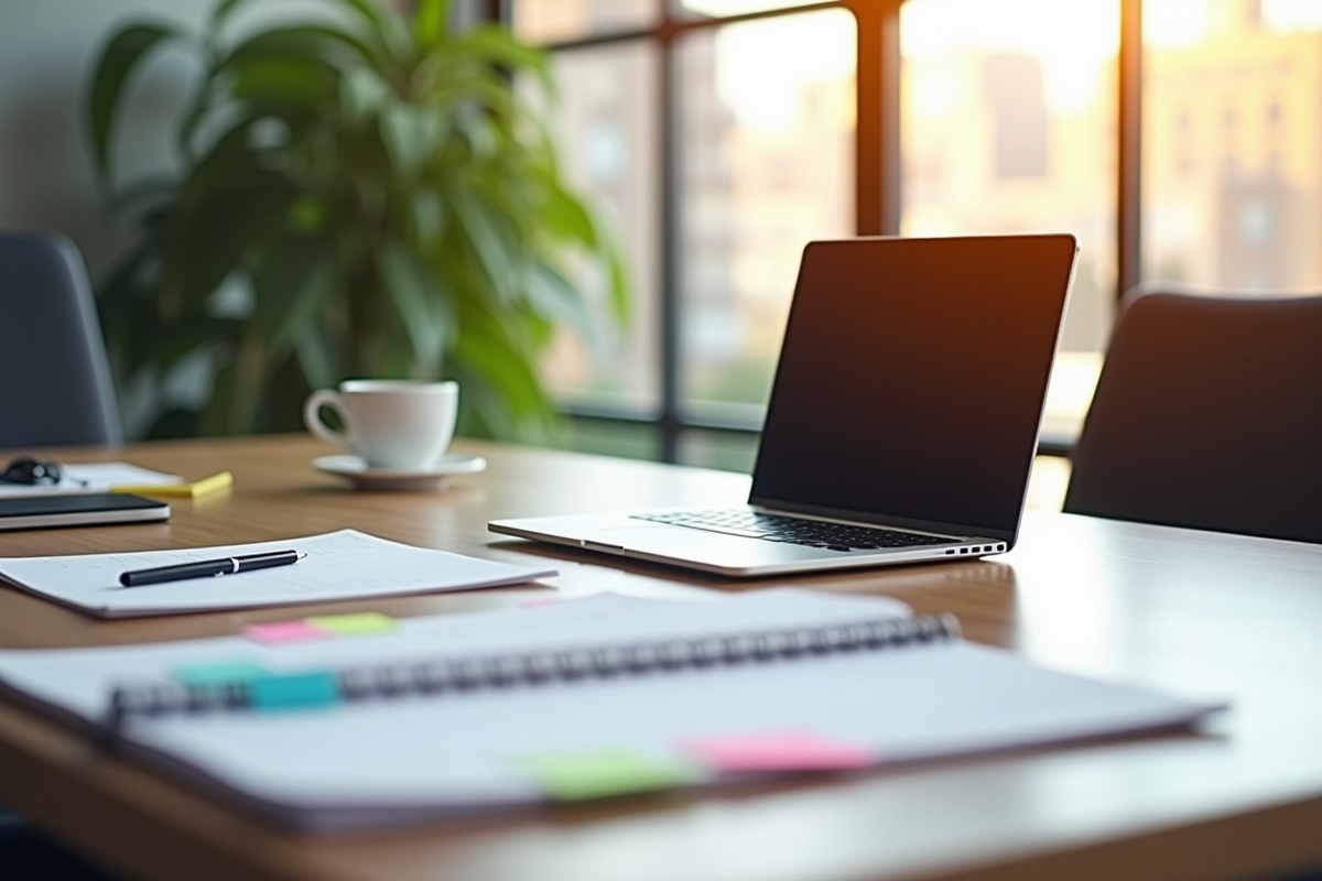 Espace de travail moderne avec bureau organisé et ordinateur portable