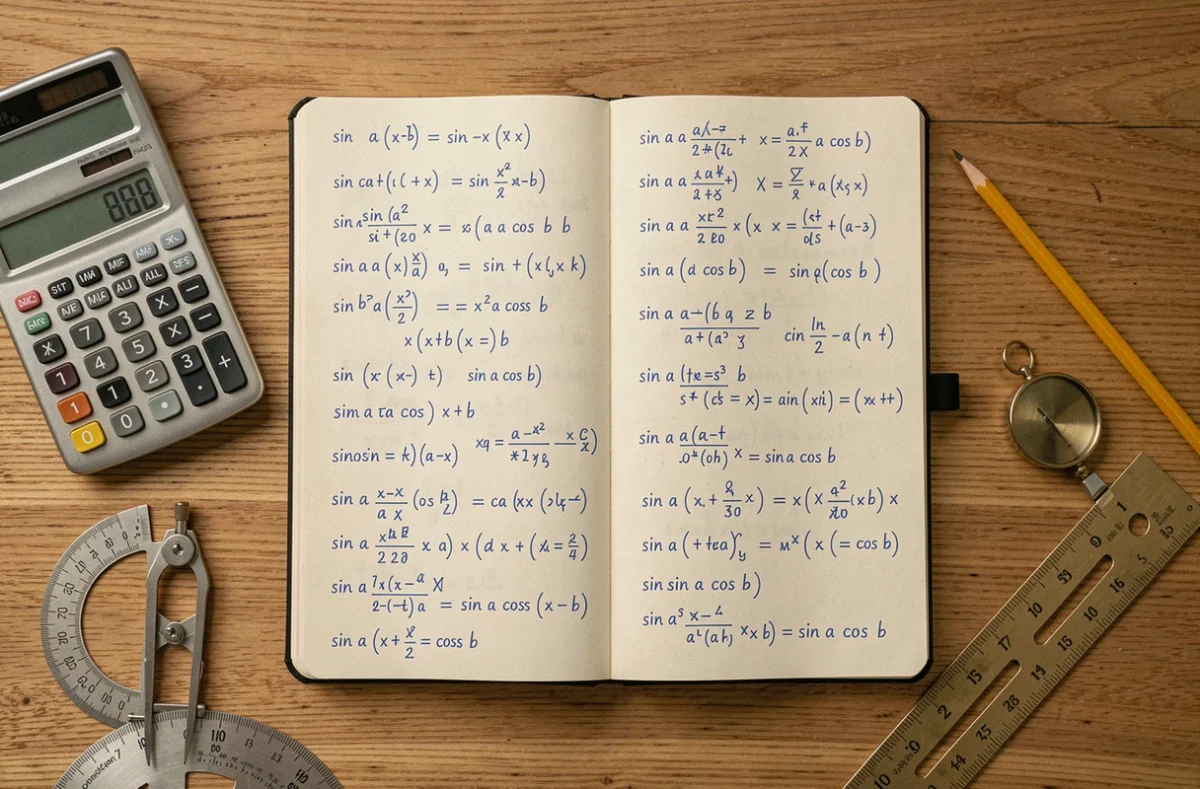 Vue aérienne d'un cahier de mathématiques avec des formules trigonométriques sin a cos b entouré d'instruments de géométrie sur une table en bois