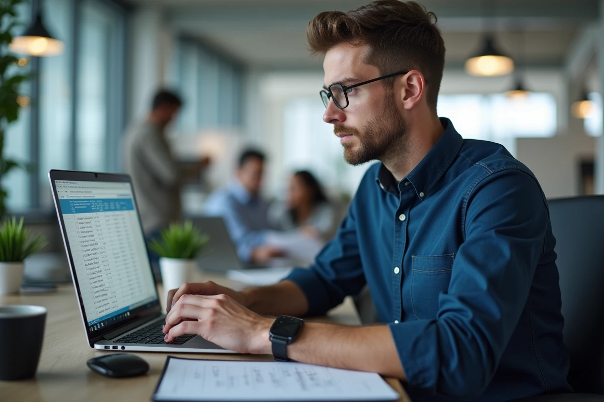 Homme consultant un tableau Excel de calcul de moyenne avec coefficients sur un ordinateur portable au bureau