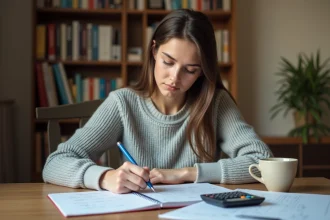 Étudiante calculant une moyenne de notes avec coefficient dans un carnet, entourée de feuilles de cours et d'une calculatrice scientifique
