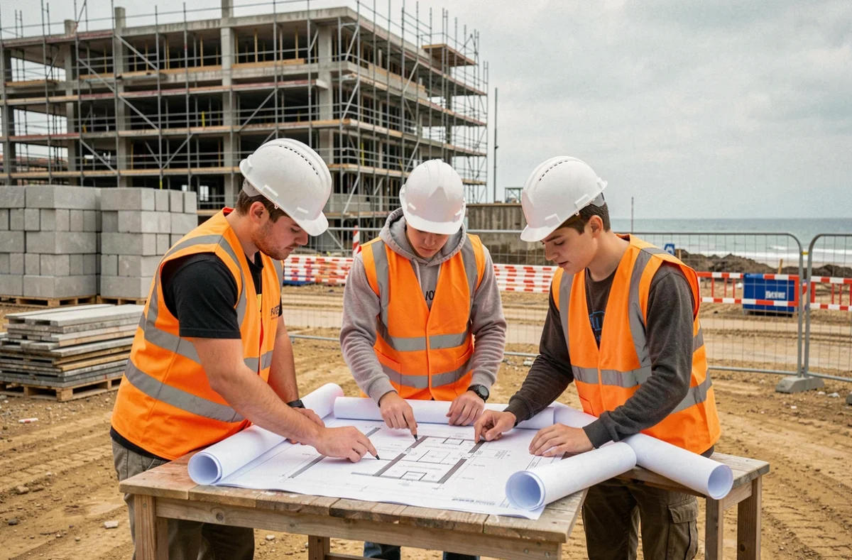 Des étudiants du Campus des Métiers de Saint-Nazaire consultant des plans sur un chantier