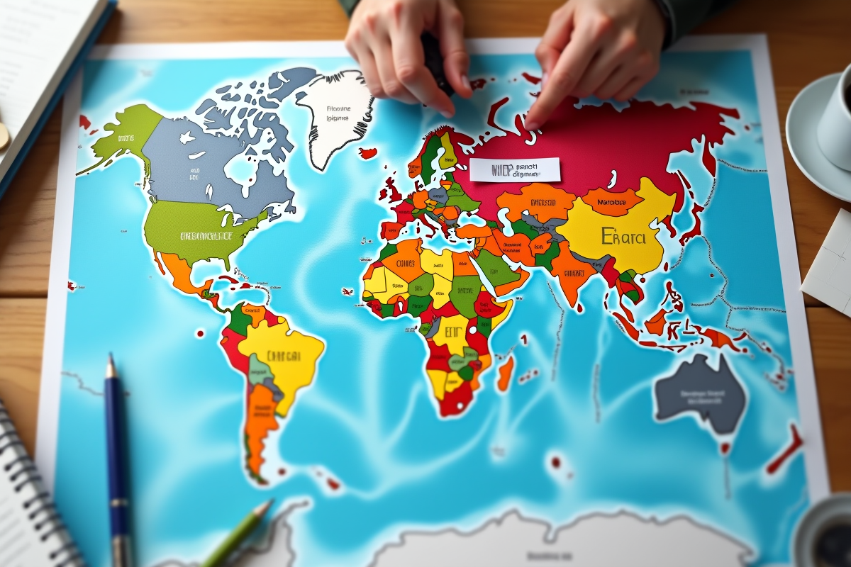 Main plaçant des cartes diplômes sur une carte du monde sur un bureau lumineux