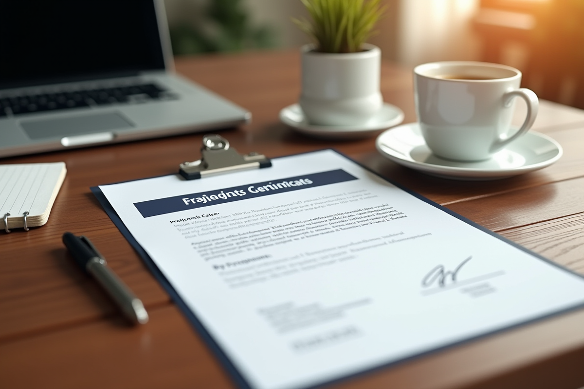 Certificat professionnel sur un bureau en bois avec ordinateur et café