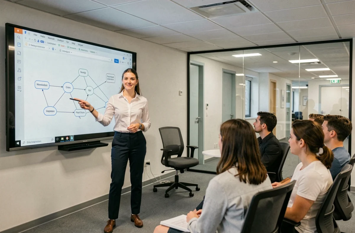 Étudiante présentant une architecture réseau sur tableau interactif dans une salle de formation du CESI Dijon