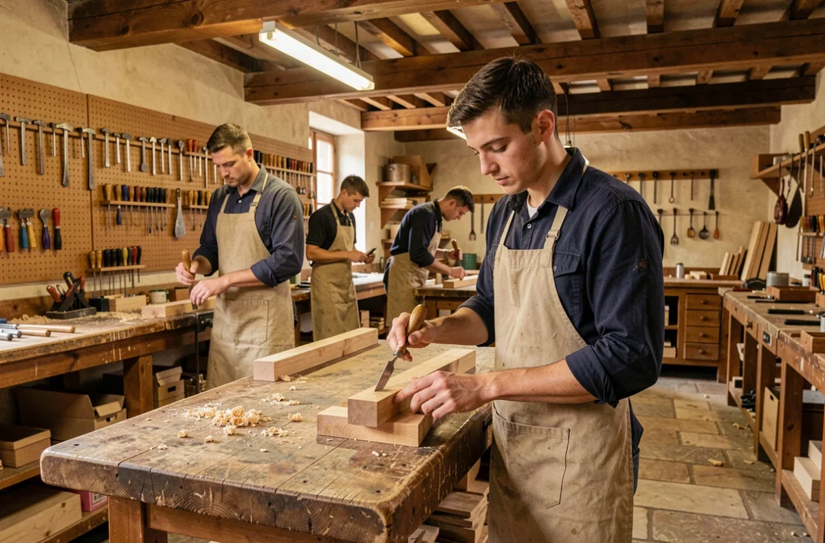 Apprenti artisan travaillant le bois dans l'atelier du CFA Est-Loiret à Montargis