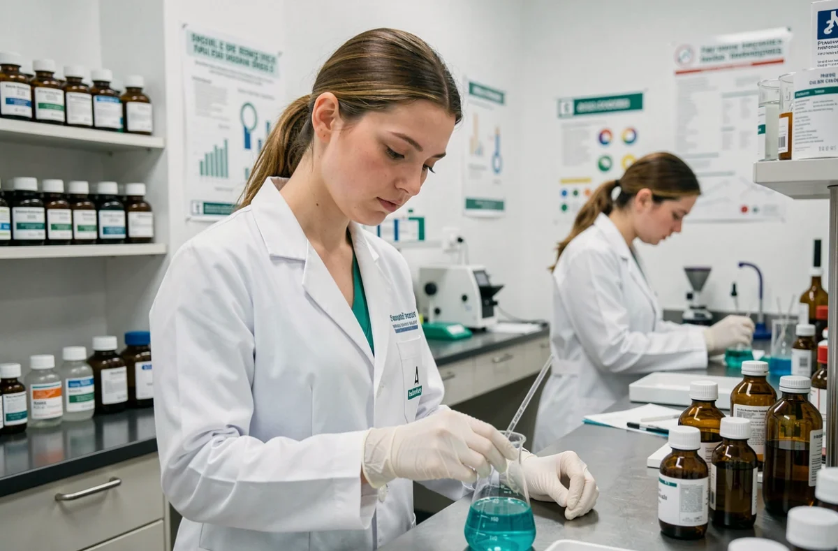 Apprentie préparant une préparation pharmaceutique au CFA Pharmacie d'Orléans