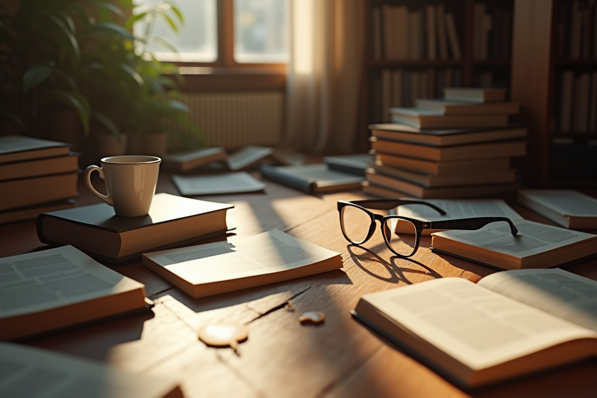 Chambre en désordre avec livres éparpillés et tasse renversée