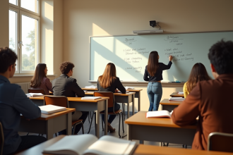 Salle de classe française avec élèves et tableau blanc