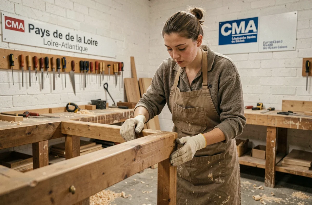 Une apprentie en artisanat travaillant le bois au CMA Pays de la Loire en Loire-Atlantique