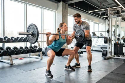 Coach sportif encadrant un client pendant un exercice de musculation en salle