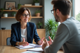 Deux adultes en coaching dans un bureau minimaliste