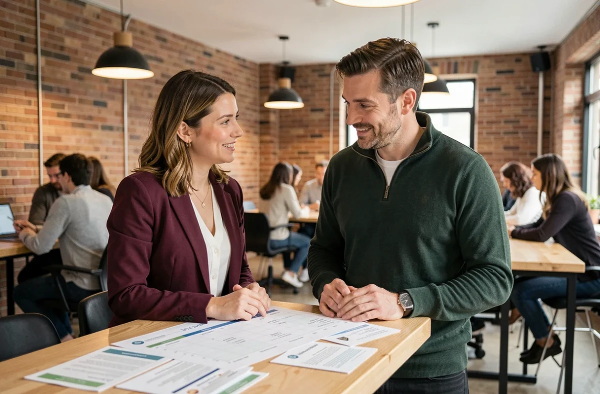 Deux collègues examinant ensemble une grille de salaires et des certifications professionnelles dans un espace de coworking pour préparer une négociation salariale