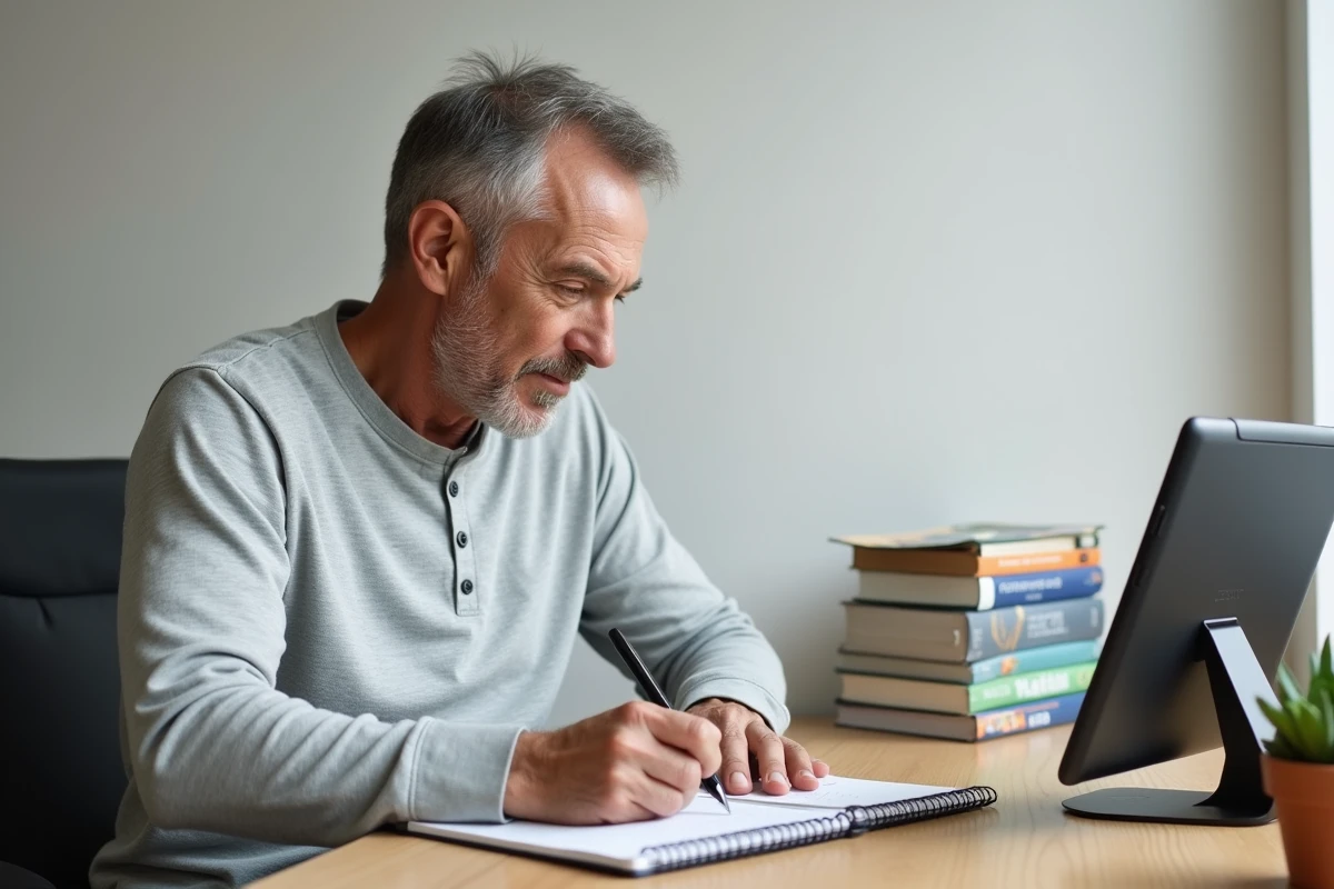 Un homme comparant ses notes manuscrites avec un cours de bricolage en ligne sur tablette, installé dans un bureau à domicile