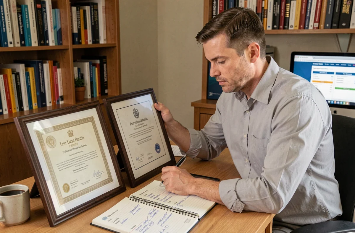 Homme comparant son diplôme universitaire et son titre professionnel à son bureau pour préparer une stratégie de négociation salariale