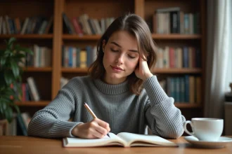 Jeune femme étudiant la conjugaison du verbe tener au passé simple espagnol dans un carnet ouvert sur un bureau en bois