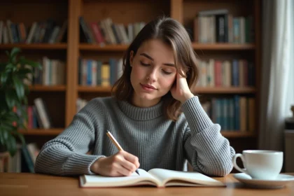 Jeune femme étudiant la conjugaison du verbe tener au passé simple espagnol dans un carnet ouvert sur un bureau en bois