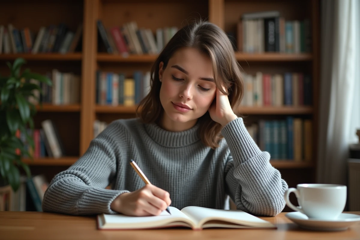 Jeune femme étudiant la conjugaison du verbe tener au passé simple espagnol dans un carnet ouvert sur un bureau en bois