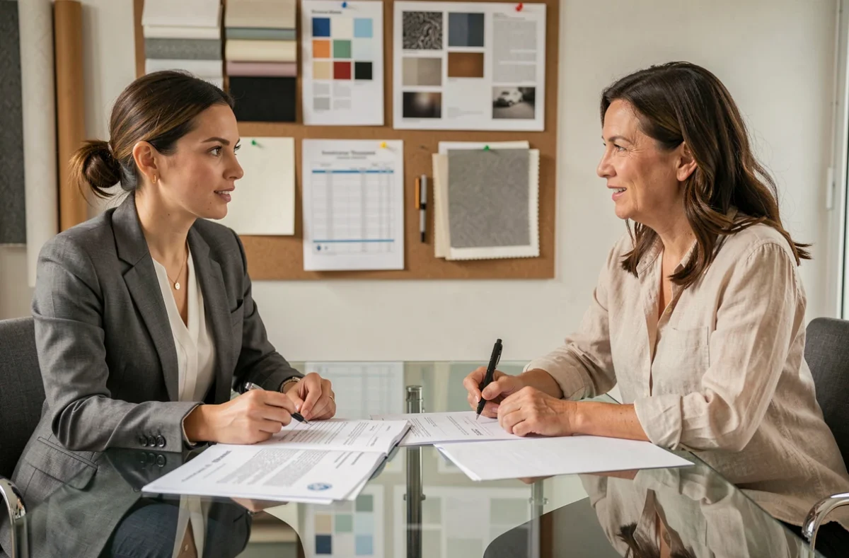 Deux femmes discutant des options de financement pour une formation décorateur dans un studio de design d'intérieur professionnel