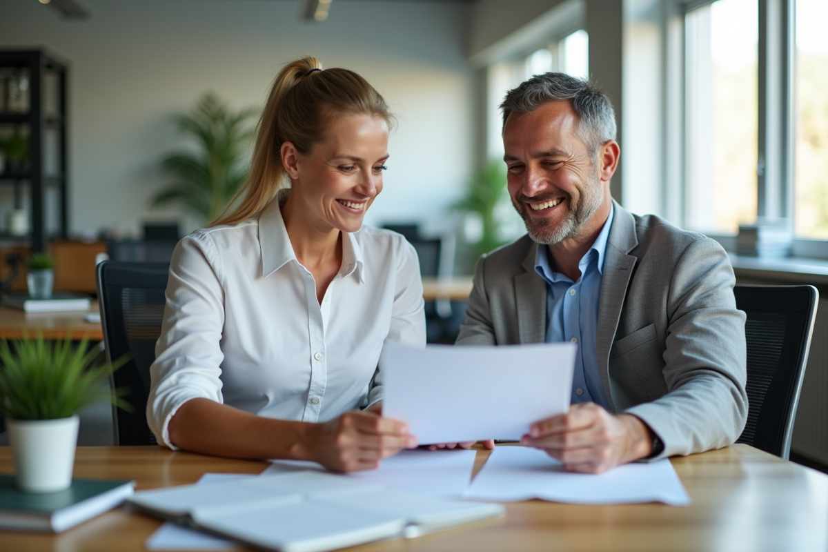 Conseiller en carrière souriant avec un demandeur d'emploi dans un bureau moderne