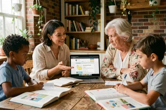 Une mère explique l'apprentissage alternatif à domicile à une grand-mère sceptique autour d'une table familiale couverte de livres et de ressources éducatives