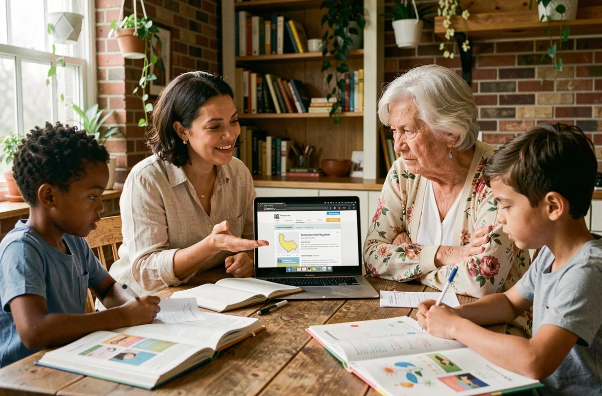 Une mère explique l'apprentissage alternatif à domicile à une grand-mère sceptique autour d'une table familiale couverte de livres et de ressources éducatives