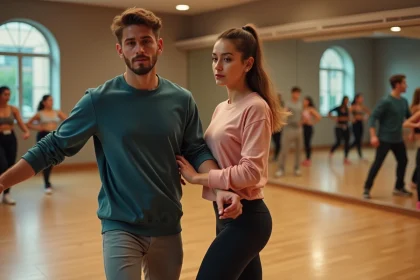Jeune couple de danseurs dans un studio lumineux
