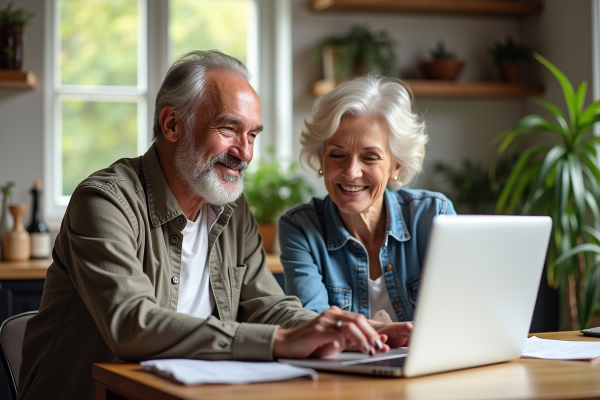 Couple senior souriant travaillant sur un ordinateur à la maison