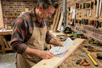 Homme adulte en atelier de bricolage local étudiant des instructions sur un établi en bois entouré d'outils manuels