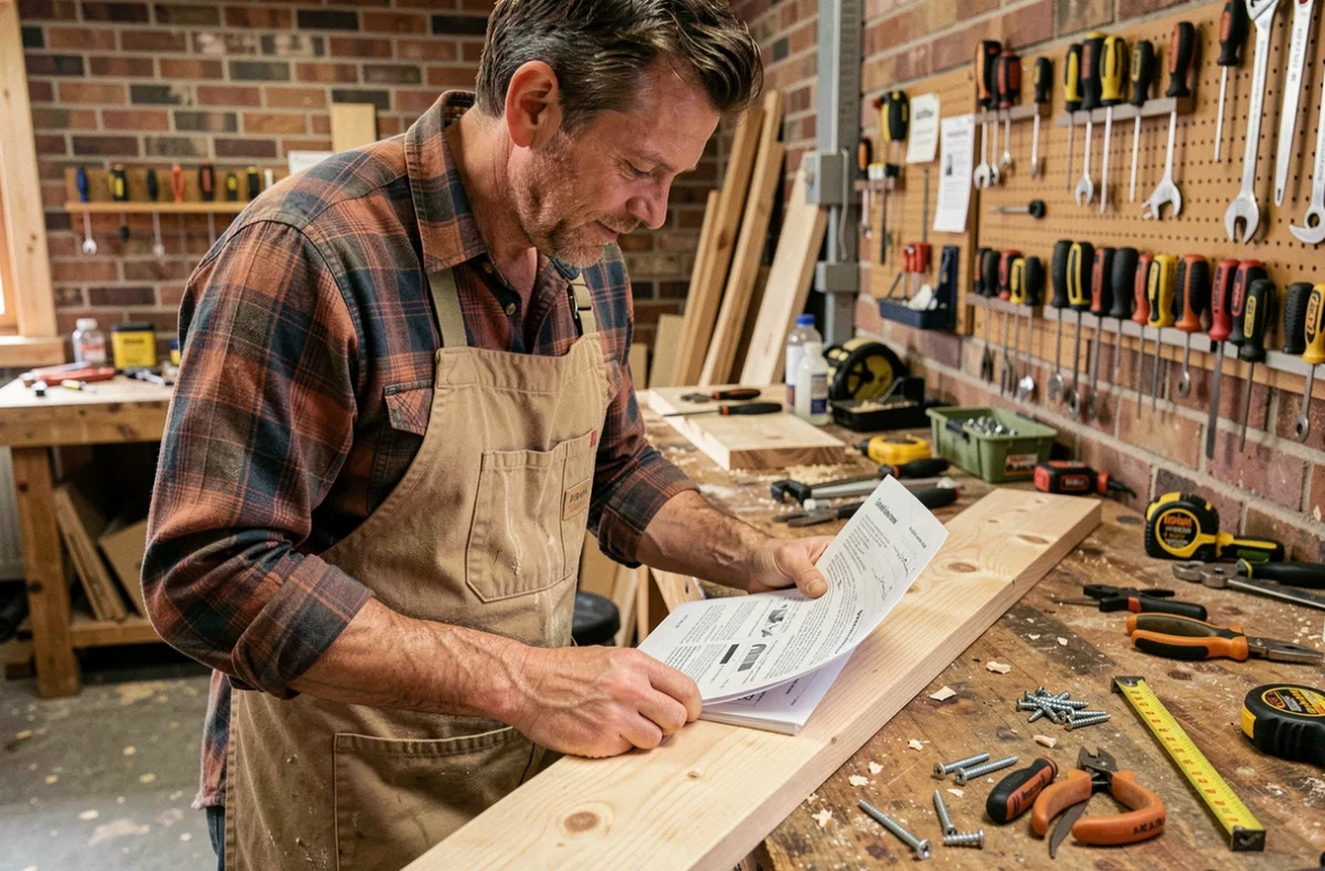 Homme adulte en atelier de bricolage local étudiant des instructions sur un établi en bois entouré d'outils manuels